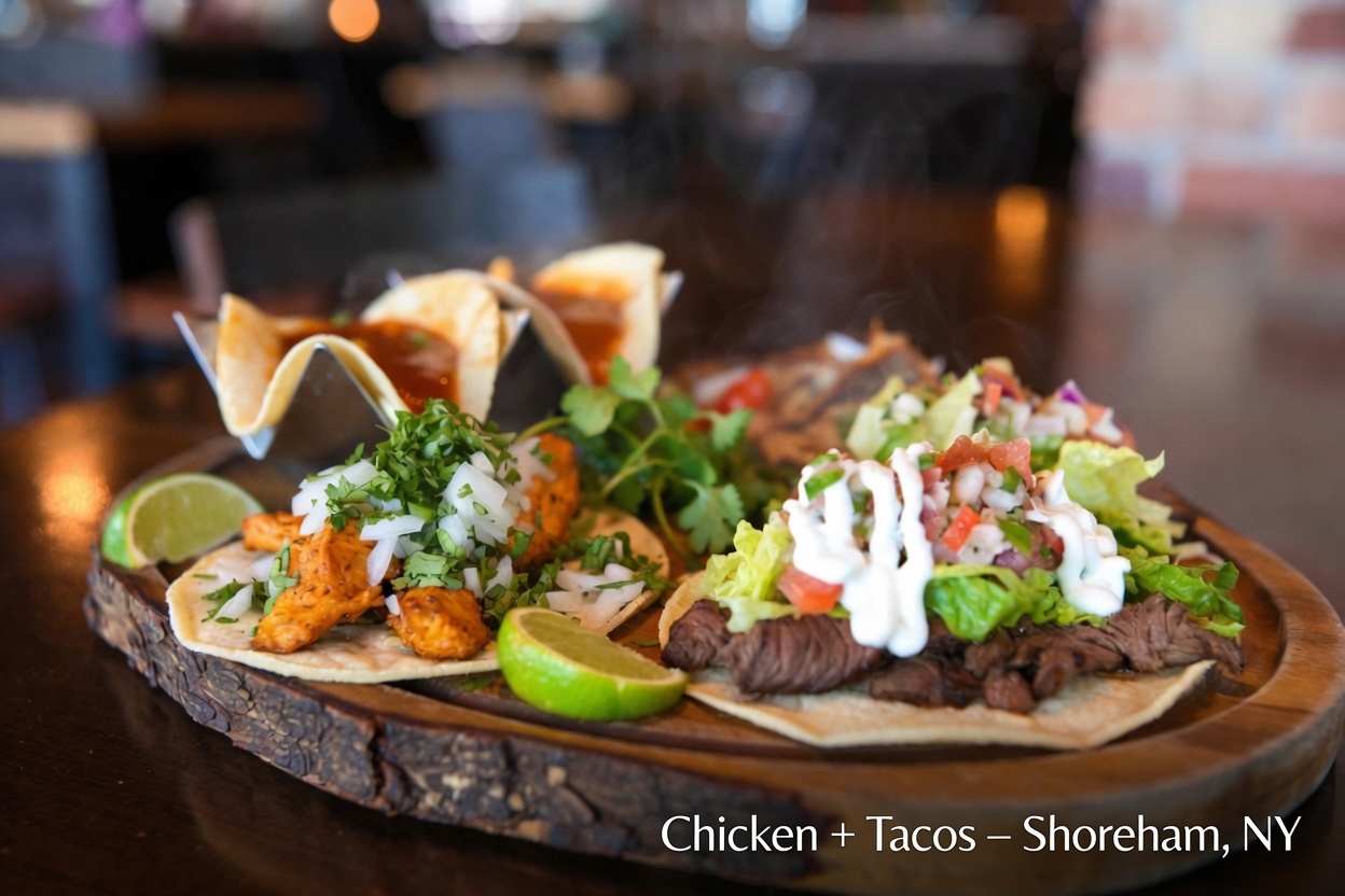 Taco assortment from Chicken + Tacos Shoreham NY